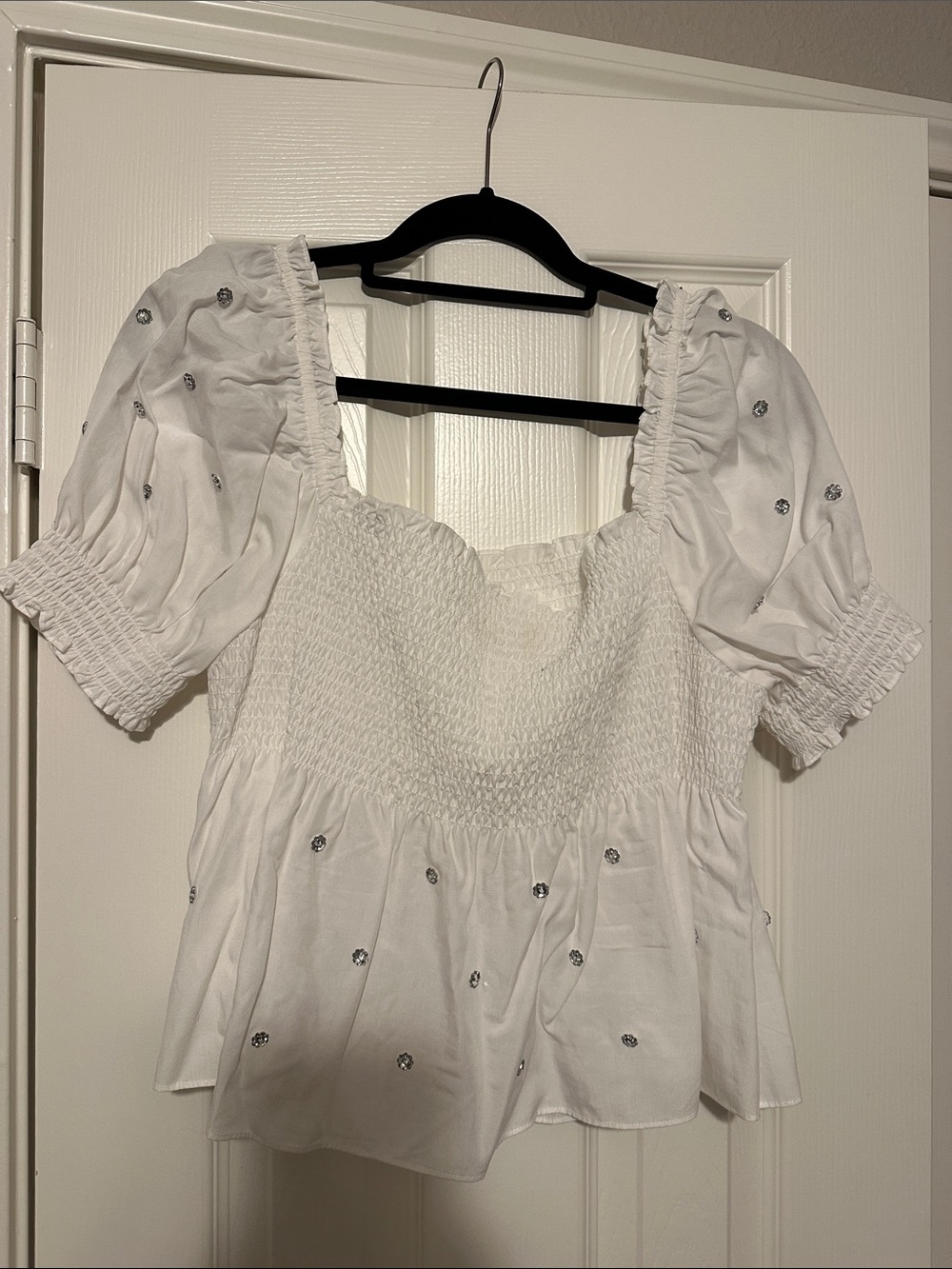 Hill House White Smocked Square Neck Puff Sleeve Top